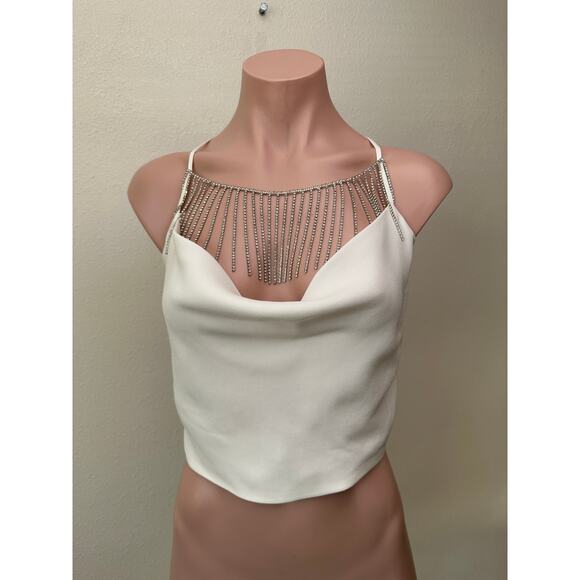 Nicholas Rhinestone Fringe Cowl Neck Ivory Crop Top – Women’s M - Picture 6 of 13